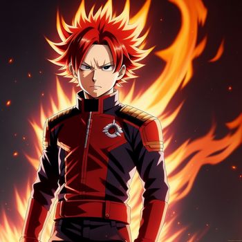 man with red hair and a red uniform standing in front of a fire background with flames in the air