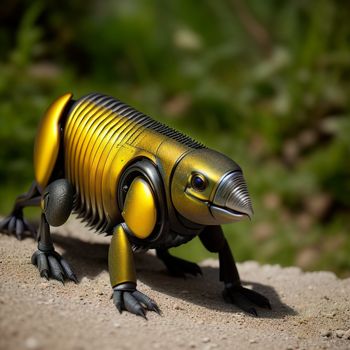 yellow toy lizard is standing on a rock outside in the sun