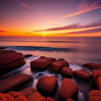 sunset over a rocky beach with waves crashing in to shore and a red rock formation in the foreground