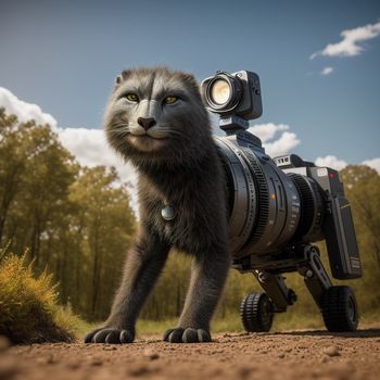 camera is positioned on a cat like animal with a camera attached to its body and a camera attached to its body