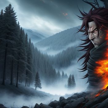 man with long hair and a red hair standing in front of a forest with a fireball in his hand
