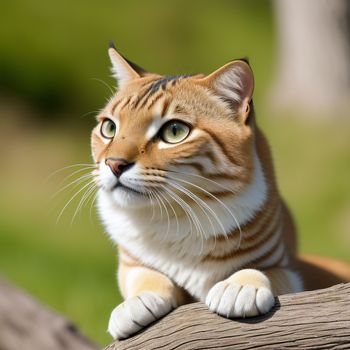 cat sitting on a log looking at the camera with a curious look on its face and eyes