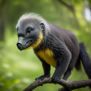 small animal with a yellow chest and black tail on a tree branch in a forest with green leaves