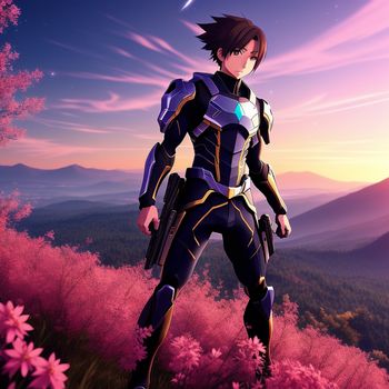 man in a futuristic suit standing on a hill with flowers in the foreground and a star in the background