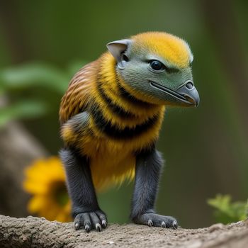 yellow and black monkey standing on a tree branch with sunflowers in the background and a blurry background