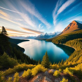 lake surrounded by mountains and trees under a blue sky with clouds and sun rays coming down on it