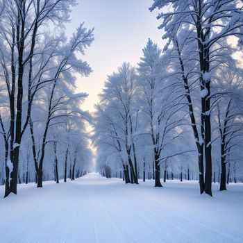 snowy road with trees and a sky background with clouds in the distance and a few snow on the ground