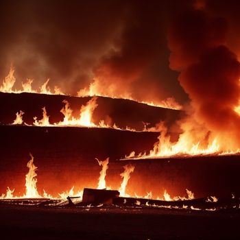 fire blazing in a building with lots of flames coming out of it and a truck parked in front of it