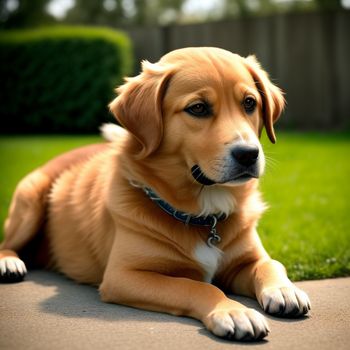 dog laying on the ground in a yard with a fence in the background and grass in the foreground