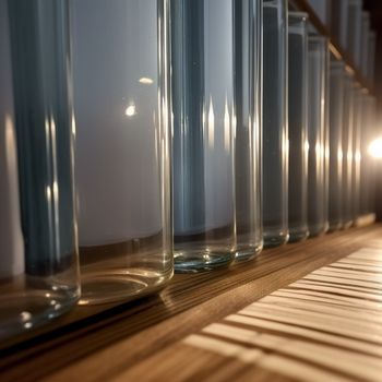 row of glass vases sitting on a wooden shelf next to a stair case with a light shining on them