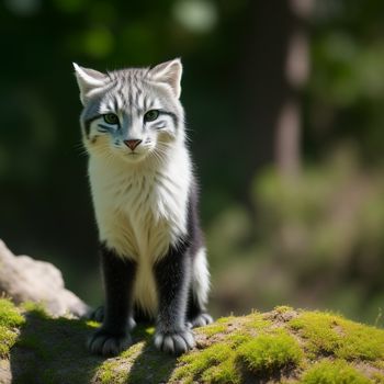 cat sitting on a rock with a green background and a blurry background behind it