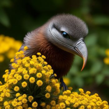 bird with a long beak sitting on a flower with yellow flowers in the background and green leaves in the foreground