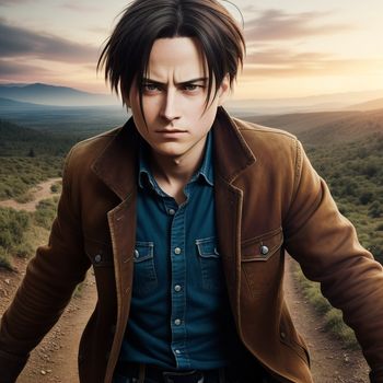 man with a brown jacket and blue shirt on a dirt road with a sunset in the background and a mountain