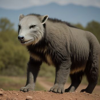 large gray animal standing on top of a dirt field next to a forest of trees and bushes on a cloudy day