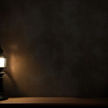 lamp is lit up on a table in a dark room with a dark wall behind it and a dark background