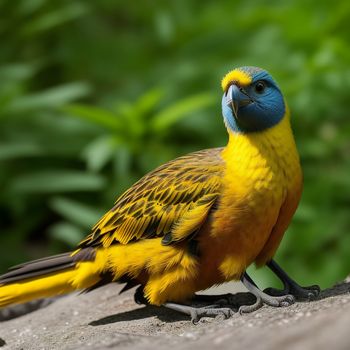 colorful bird is standing on a rock outside in the sun