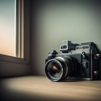 camera sitting on a window sill next to a window sill with a window pane in the background