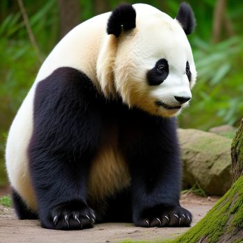 panda bear sitting on a rock in a forest area with green plants and rocks around it and a tree trunk
