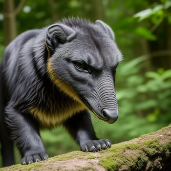 black and yellow animal walking on a log in the woods with trees in the background and a green leafy area