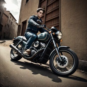 man riding a motorcycle down a street next to a building with a sky background and clouds in the sky