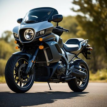 motorcycle parked on the side of the road near trees and bushes in the background