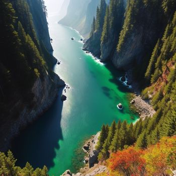 river surrounded by trees and mountains in the middle of a forest area with a blue body of water