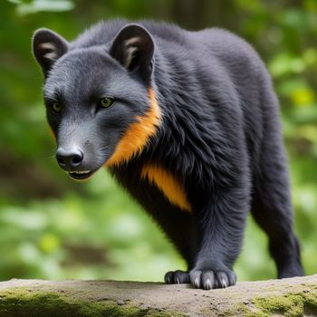 black and orange animal standing on a log in the woods with trees in the background and a green leafy area