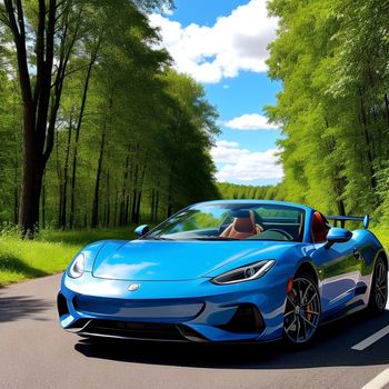 blue sports car driving down a road next to trees and grass on a sunny day with a person in the driver seat