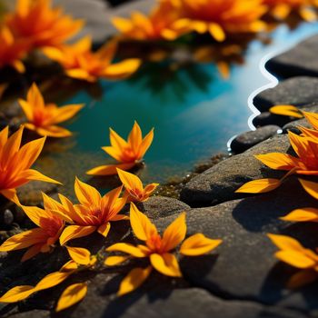 bunch of flowers that are on some rocks near water and rocks with water in the background and rocks in the foreground