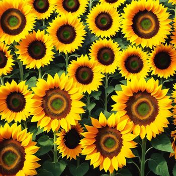 large group of sunflowers in a field with green leaves and brown spots on the petals and the center of the flower