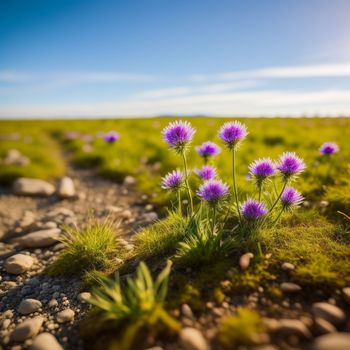 field with rocks and flowers in the foreground and a blue sky in the background with a few clouds