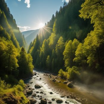 river running through a lush green forest filled with trees and rocks under a bright sun flares through the sky