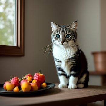 cat sitting on a table next to a plate of fruit and a mirror with a window in the background