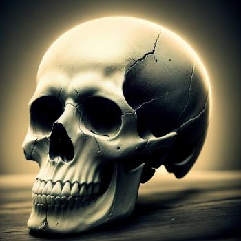 white skull with a cracked face on a table top with a black background and a yellow light behind it