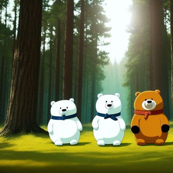 three bears standing in the middle of a forest with trees in the background and sunlight shining through the trees