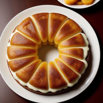 bundt cake with white icing on a plate next to a bowl of peaches on a table