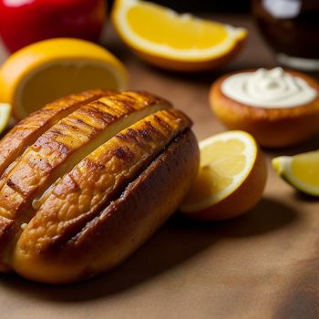 loaf of bread with lemons and oranges around it on a table with a knife and a bowl of cream