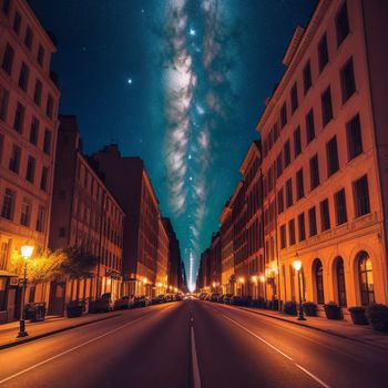 street with buildings and a sky filled with stars and a bright light at the end of the street