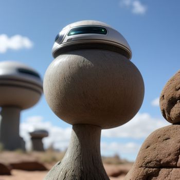 close up of a cell phone on a rock in the desert with other rocks in the background and a sky background