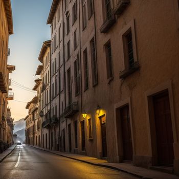 street with a few buildings on both sides of it and a street light on the other side of the street