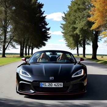 black sports car driving down a road next to trees and grass with a sky background and clouds in the sky