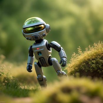robot walking through a lush green field next to a forest of grass and bushes with a green light on its face