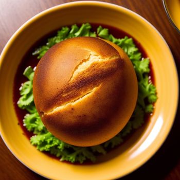 bowl of food with a roll in it on a table next to a glass of wine and a spoon