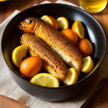 pan filled with fish and lemons on top of a table next to a glass of orange juice