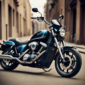 blue motorcycle parked on the side of a street next to a building with a sky background and a person walking by