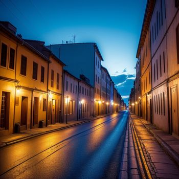 street with a few buildings on both sides of it at night time with lights on the buildings and the street lights on