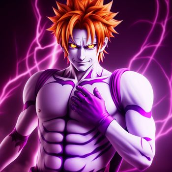 man with a purple outfit and a purple lightning background is posing for a picture with his hands on his chest
