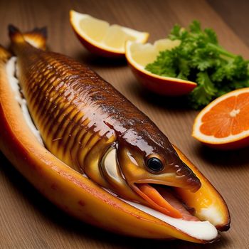 fish is on a table with oranges and other food items around it