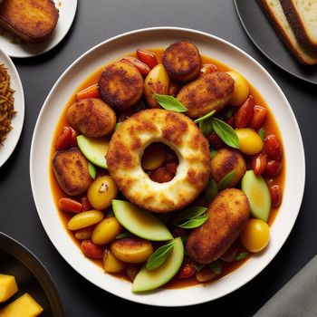 plate of food with a doughnut on top of it and other plates of food around it on a table