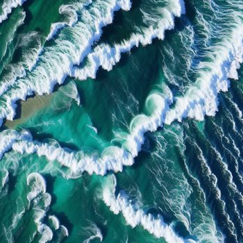 view of the ocean from above of the waves and the sand beach area of the ocean with a surfboard in the foreground